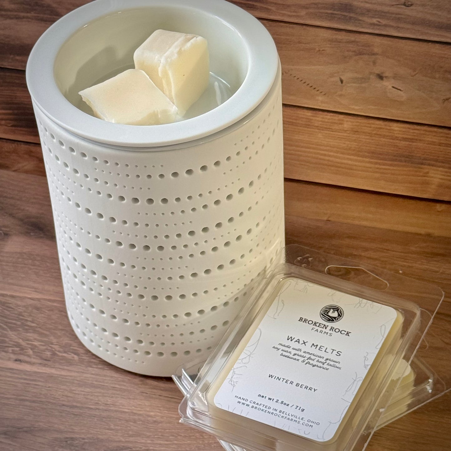 Wax melter with wax melts on a wooden surface