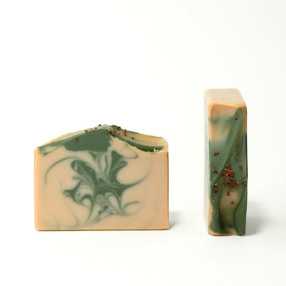 Two bars of soap with green and beige swirls on a white background